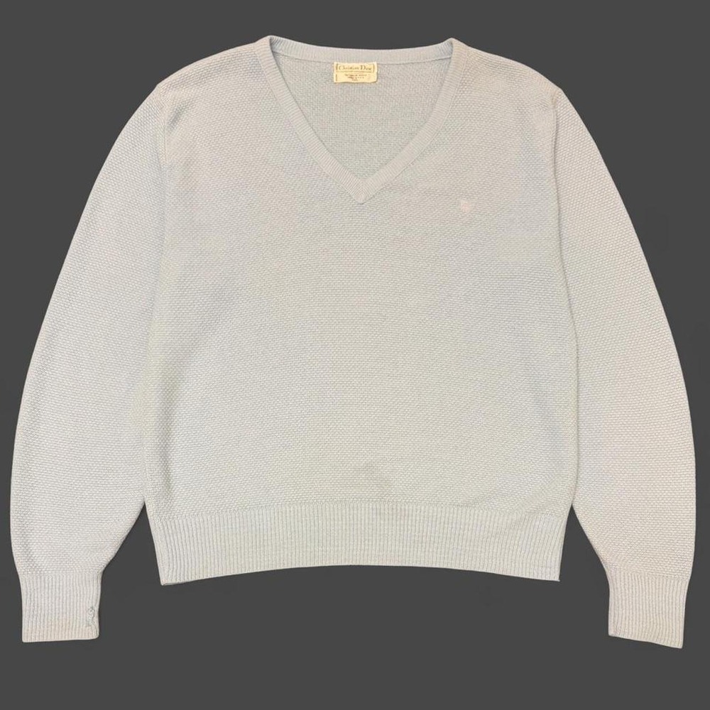 Vintage Christian Dior V-Neck Knit Sweater Mens XL Baby Blue 90s Made in USA
